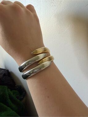 Tone Gold Silver Hinged Bypass Cuff Bracelet Chunky Statement